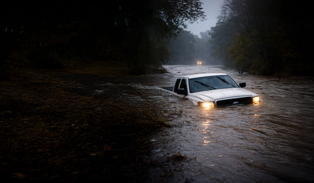 Dark photo of truck submerged in a flooded roadway.